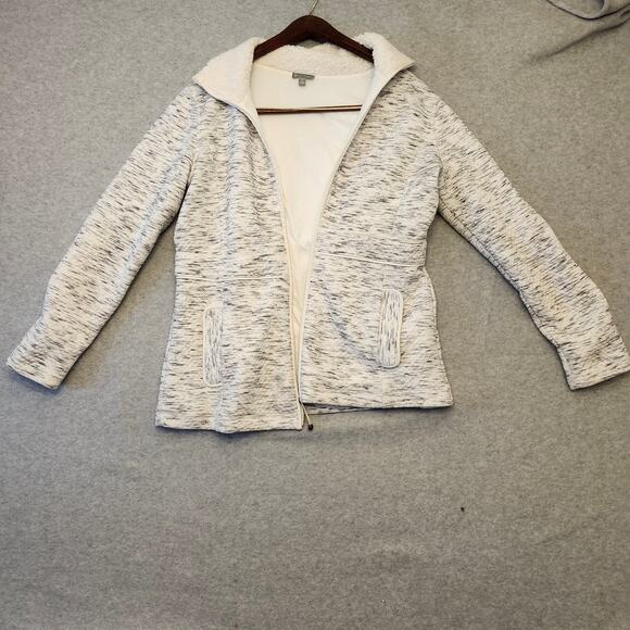 T by Talbots Jacquard Jacket Women's Small White Fleece-Trim Faux‎ Fur Winter - Picture 1 of 13